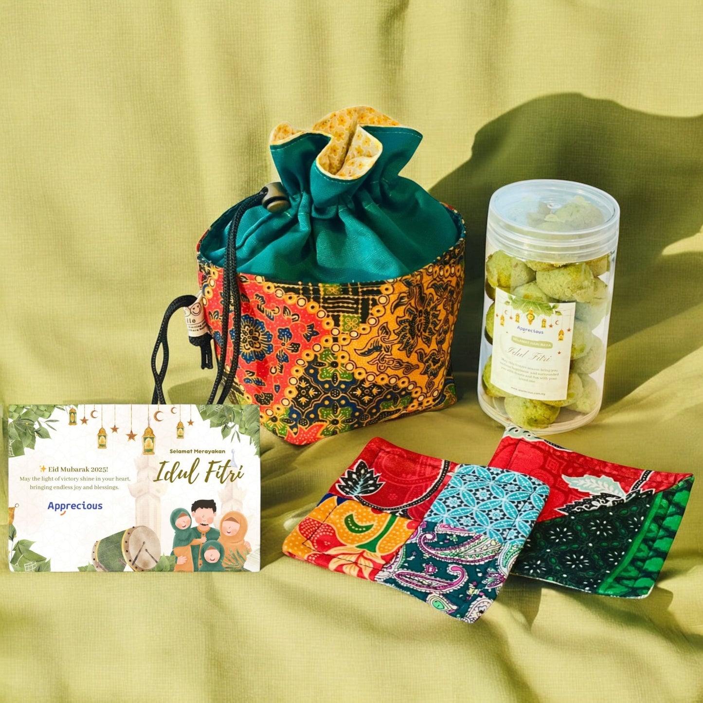 ZAMRUD (Raya Package filled with Chocolate Cookies and Eco Friendly Batik Coaster)